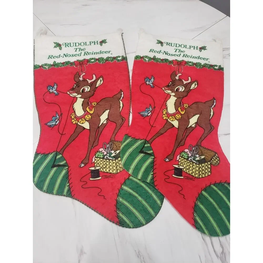 2 LARGE Vintage Rudolph Red Nosed Reindeer Felt Stocking Retro 90s Decor 17